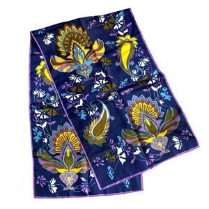 Vintage 1970’s acetate scarf floral rectangle Japan navy blue purple gold sage